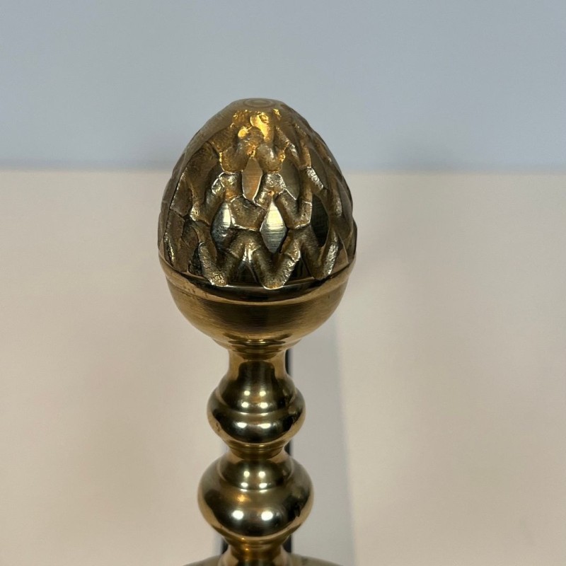 Pair of Neoclassical Brass and Iron Andirons with Pine Cone Finials, in the Style of Maison Jansen, circa 1940