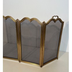 Ornate Neoclassical Brass and Wire Mesh Four-Panel Folding Fireplace Screen, Italian circa 1970