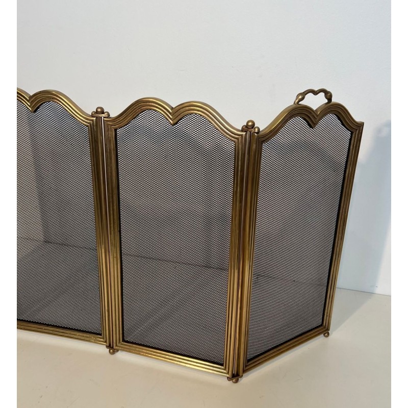 Ornate Neoclassical Brass and Wire Mesh Four-Panel Folding Fireplace Screen, Italian circa 1970