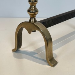 Pair of Neoclassical Brass and Iron Andirons with Pine Cone Finials, in the Style of Maison Jansen, circa 1940