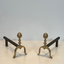 Pair of Neoclassical Brass and Iron Andirons with Pine Cone Finials, in the Style of Maison Jansen, circa 1940