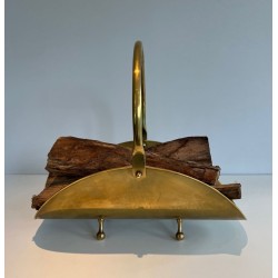 Modernist Polished Brass Log Basket with Semicircular Arch Handle and Ball Feet, French circa 1970