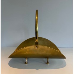 Modernist Polished Brass Log Basket with Semicircular Arch Handle and Ball Feet, French circa 1970