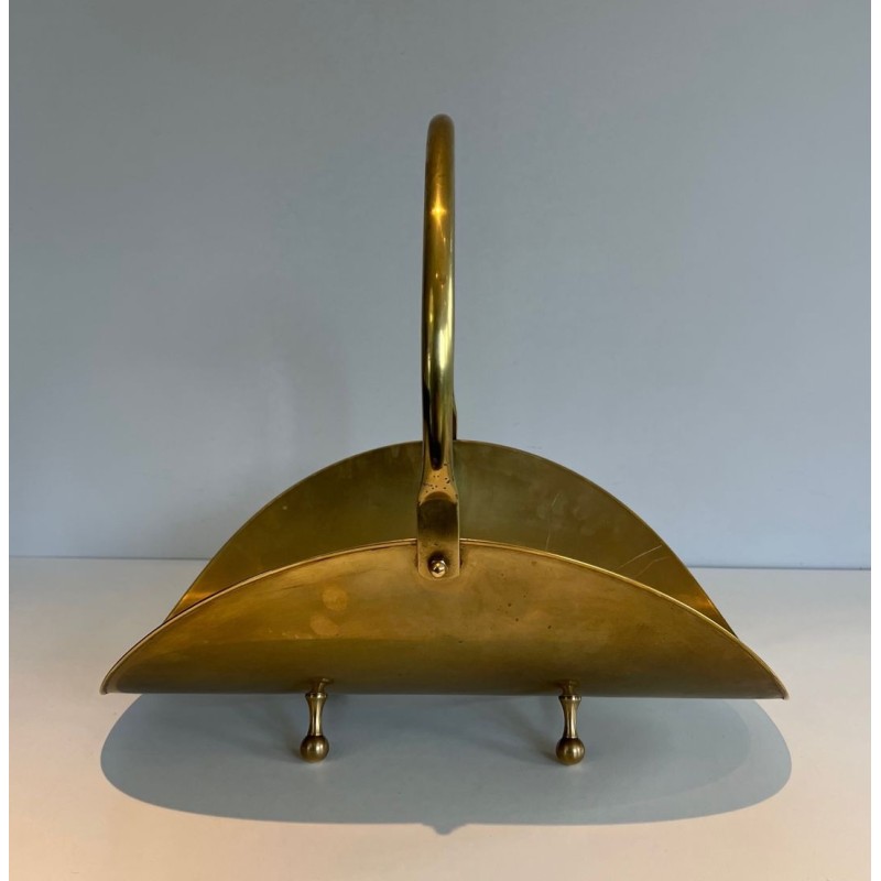 Modernist Polished Brass Log Basket with Semicircular Arch Handle and Ball Feet, French circa 1970