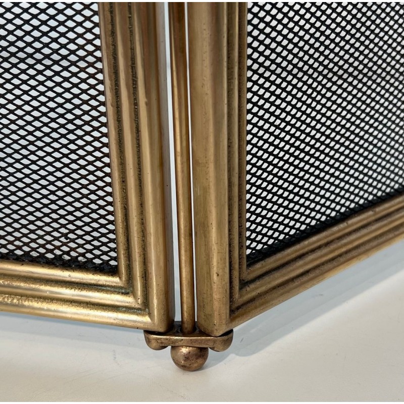 Ornate Neoclassical Brass and Wire Mesh Four-Panel Folding Fireplace Screen, Italian circa 1970