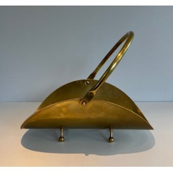 Modernist Polished Brass Log Basket with Semicircular Arch Handle and Ball Feet, French circa 1970