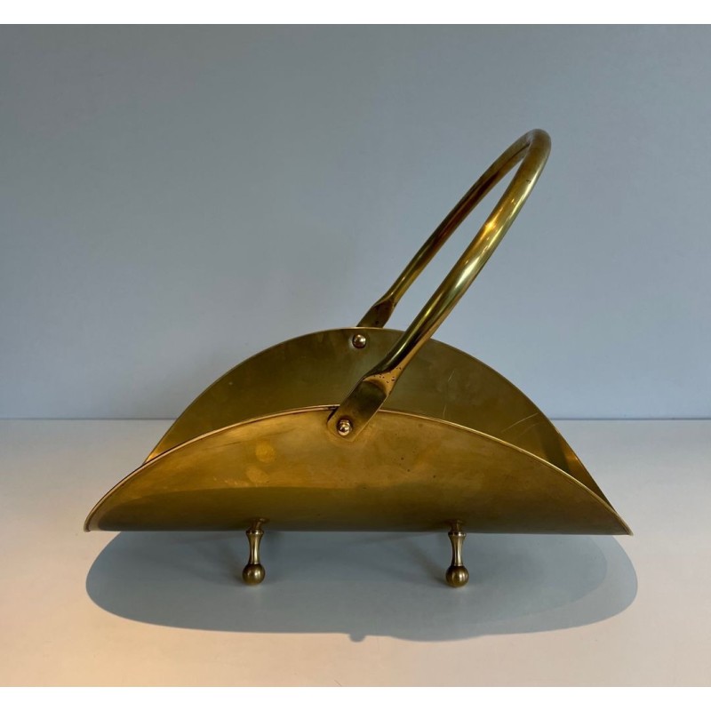 Modernist Polished Brass Log Basket with Semicircular Arch Handle and Ball Feet, French circa 1970