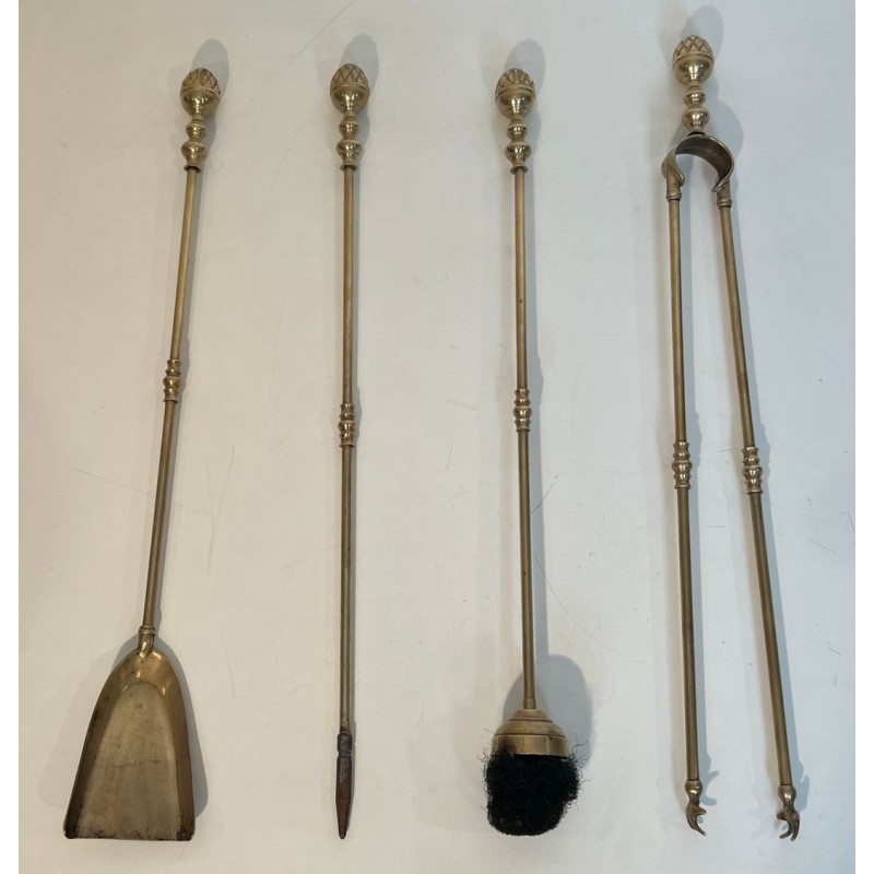 Tall Neoclassical Brass Companion Set with Pine Cone Finials, in the Style of Maison Baguès, circa 1970