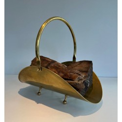 Modernist Polished Brass Log Basket with Semicircular Arch Handle and Ball Feet, French circa 1970