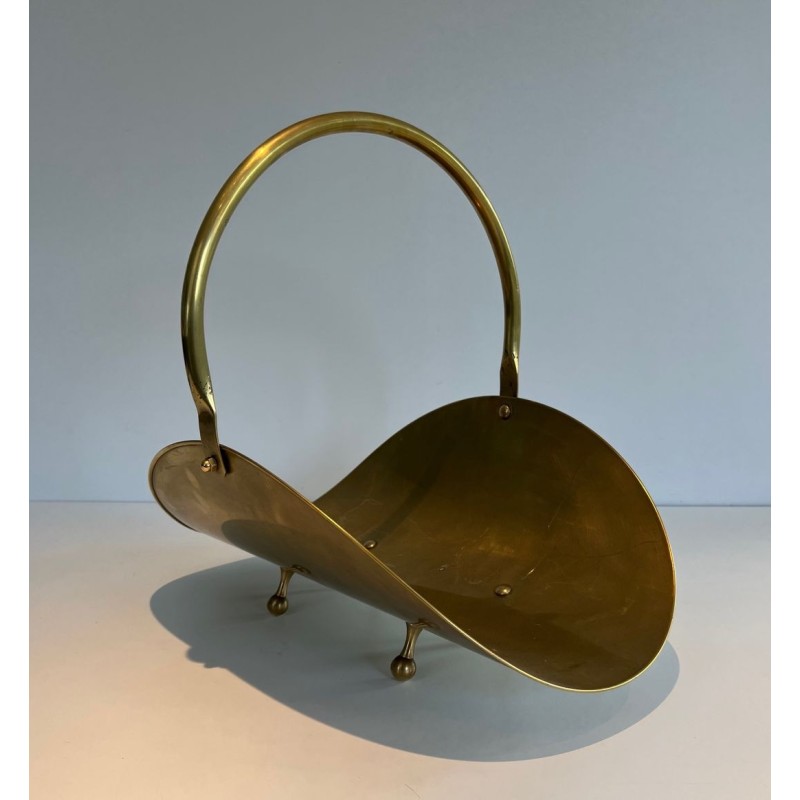 Modernist Polished Brass Log Basket with Semicircular Arch Handle and Ball Feet, French circa 1970