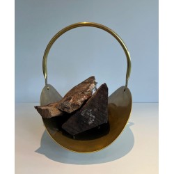 Modernist Polished Brass Log Basket with Semicircular Arch Handle and Ball Feet, French circa 1970