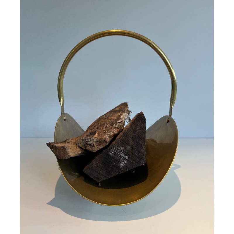 Modernist Polished Brass Log Basket with Semicircular Arch Handle and Ball Feet, French circa 1970