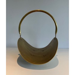 Modernist Polished Brass Log Basket with Semicircular Arch Handle and Ball Feet, French circa 1970