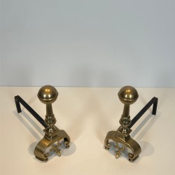 Pair of Neoclassical Brass Andirons with Ball Finials and Ornate Scroll Bases, French circa 1900