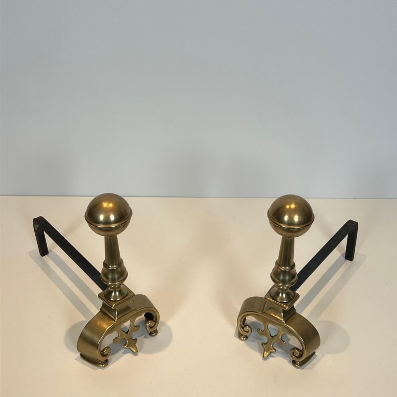 Pair of Neoclassical Brass Andirons with Ball Finials and Ornate Scroll Bases, French circa 1900
