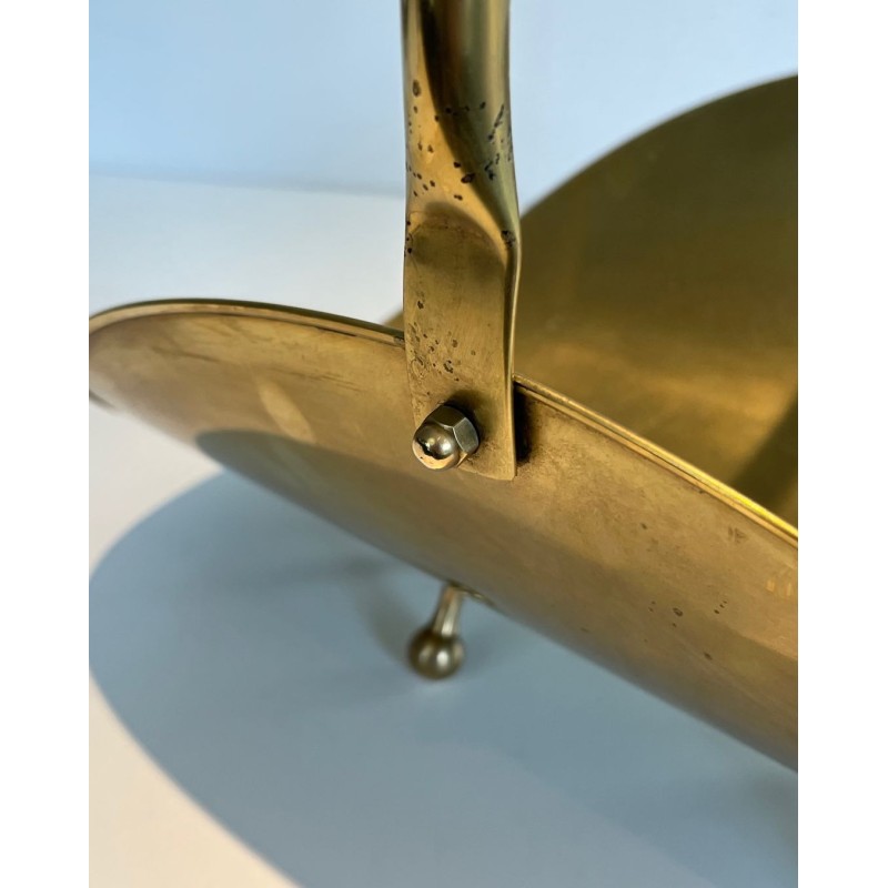 Modernist Polished Brass Log Basket with Semicircular Arch Handle and Ball Feet, French circa 1970