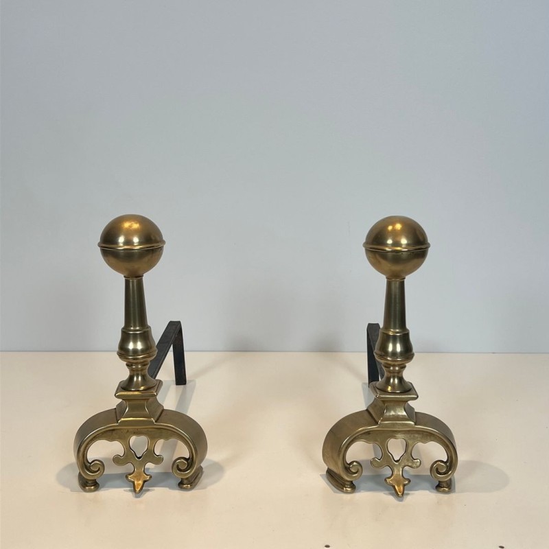 Pair of Neoclassical Brass Andirons with Ball Finials and Ornate Scroll Bases, French circa 1900