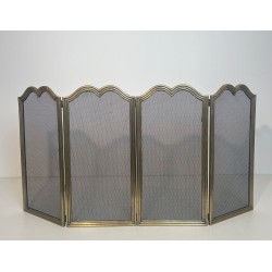 Neoclassical Brass and Wire Mesh Four-Panel Folding Fireplace Screen, Italian circa 1970