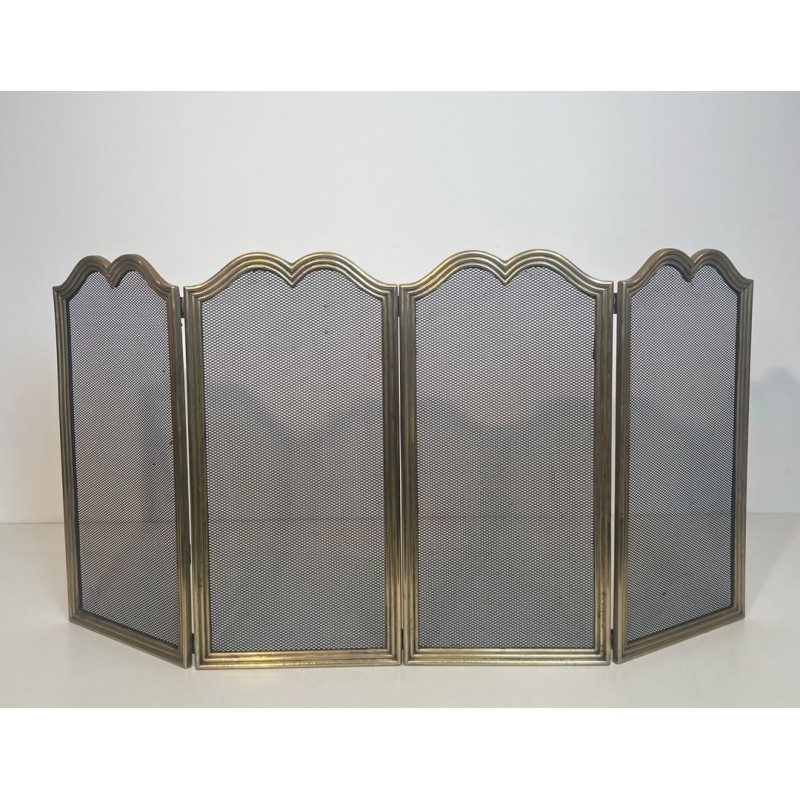 Neoclassical Brass and Wire Mesh Four-Panel Folding Fireplace Screen, Italian circa 1970