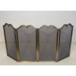 Neoclassical Brass and Wire Mesh Four-Panel Folding Fireplace Screen, Italian circa 1970