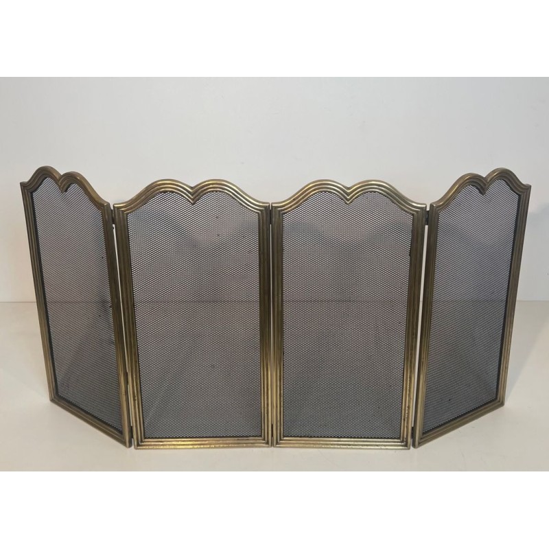 Neoclassical Brass and Wire Mesh Four-Panel Folding Fireplace Screen, Italian circa 1970