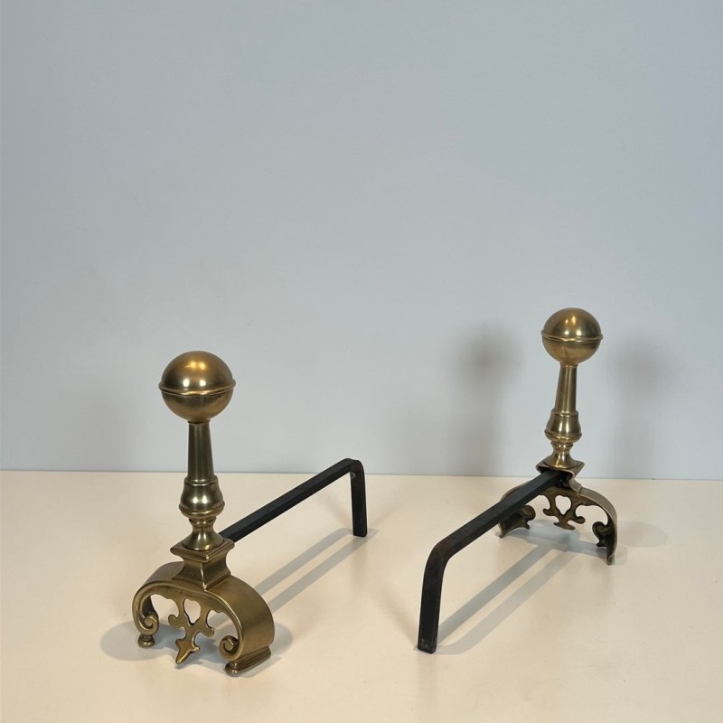 Pair of Neoclassical Brass Andirons with Ball Finials and Ornate Scroll Bases, French circa 1900