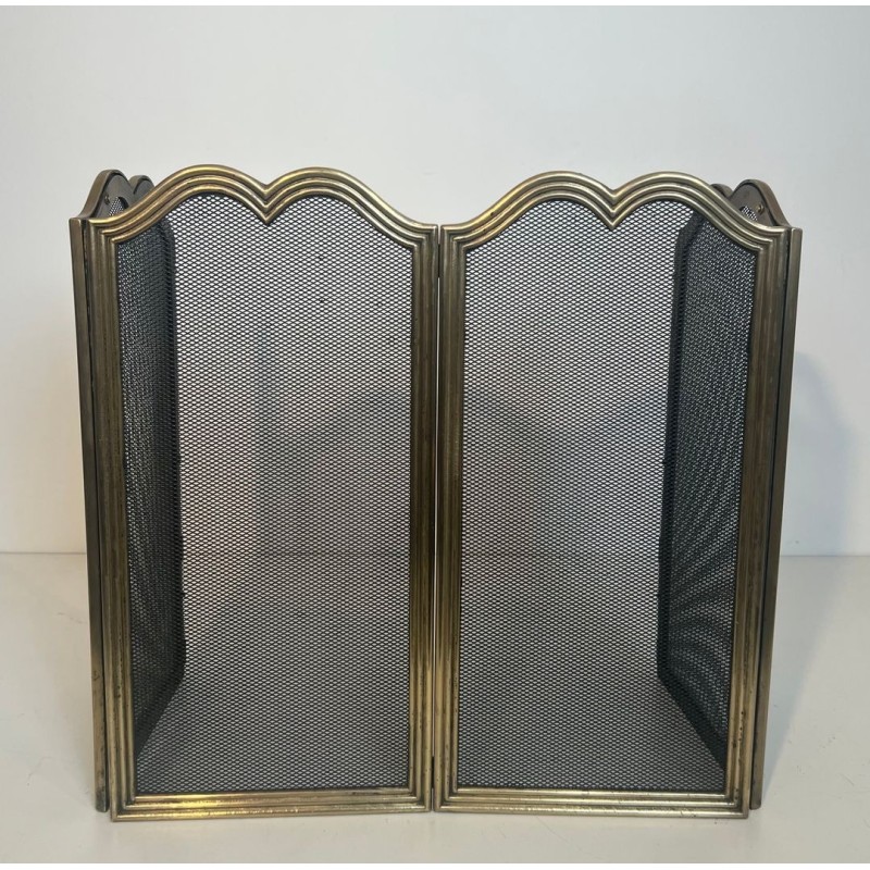Neoclassical Brass and Wire Mesh Four-Panel Folding Fireplace Screen, Italian circa 1970
