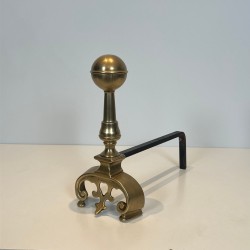 Pair of Neoclassical Brass Andirons with Ball Finials and Ornate Scroll Bases, French circa 1900