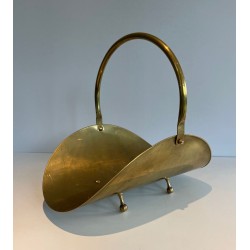 Modernist Polished Brass Log Basket with Semicircular Arch Handle and Ball Feet, French circa 1970