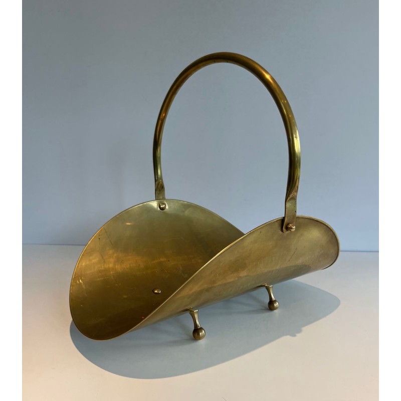 Modernist Polished Brass Log Basket with Semicircular Arch Handle and Ball Feet, French circa 1970
