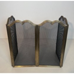 Neoclassical Brass and Wire Mesh Four-Panel Folding Fireplace Screen, Italian circa 1970