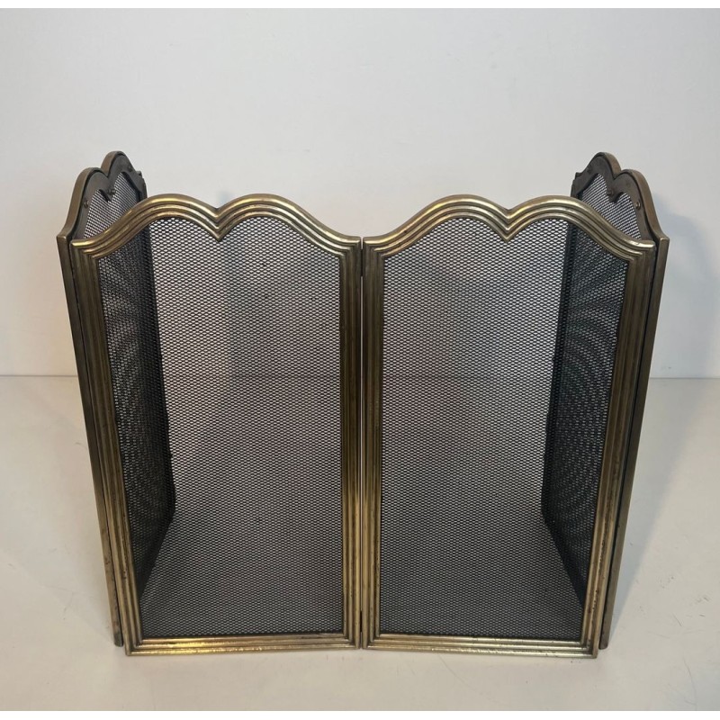 Neoclassical Brass and Wire Mesh Four-Panel Folding Fireplace Screen, Italian circa 1970