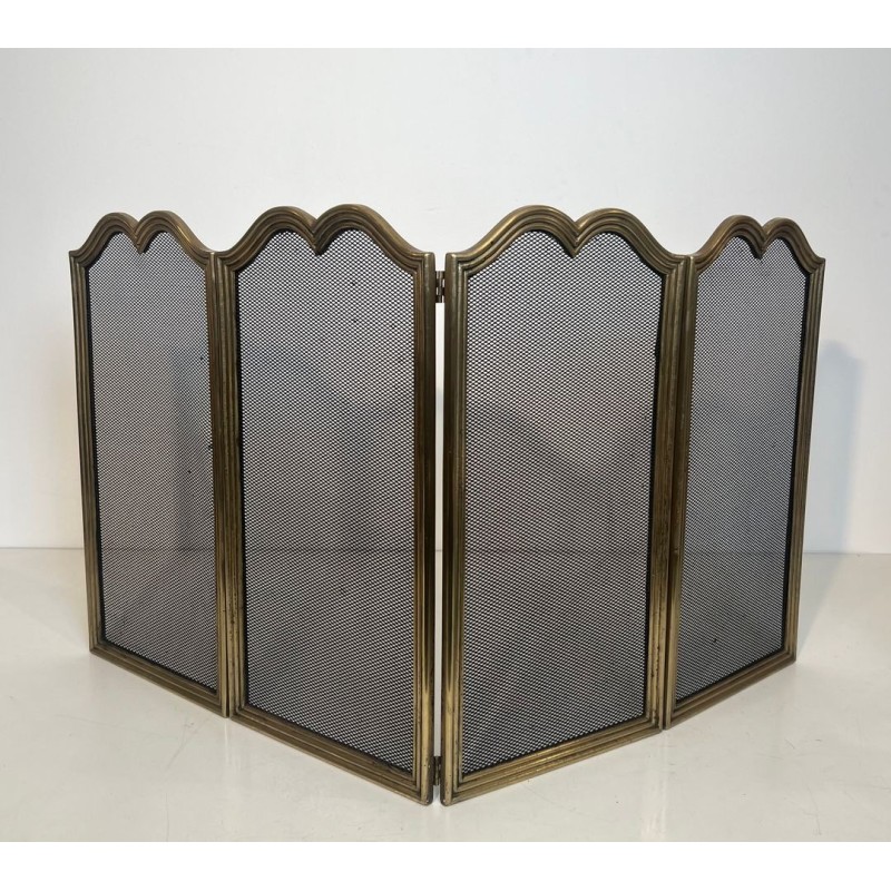 Neoclassical Brass and Wire Mesh Four-Panel Folding Fireplace Screen, Italian circa 1970