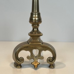Pair of Neoclassical Brass Andirons with Ball Finials and Ornate Scroll Bases, French circa 1900