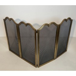 Neoclassical Brass and Wire Mesh Four-Panel Folding Fireplace Screen, Italian circa 1970