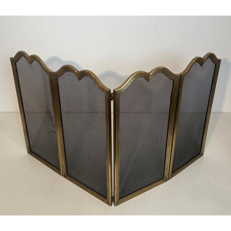 Neoclassical Brass and Wire Mesh Four-Panel Folding Fireplace Screen, Italian circa 1970