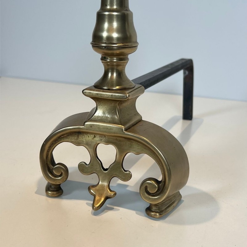 Pair of Neoclassical Brass Andirons with Ball Finials and Ornate Scroll Bases, French circa 1900