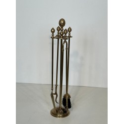 Nécessaire de Cheminée en Laiton aux Pommes de Pin, dans le Goût de la Maison Baguès, vers 1970