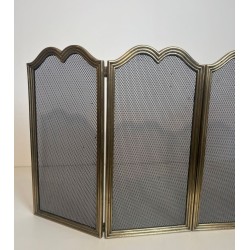Neoclassical Brass and Wire Mesh Four-Panel Folding Fireplace Screen, Italian circa 1970
