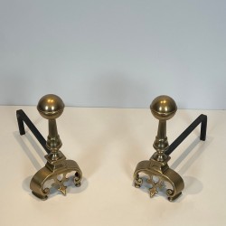 Pair of Neoclassical Brass Andirons with Ball Finials and Ornate Scroll Bases, French circa 1900
