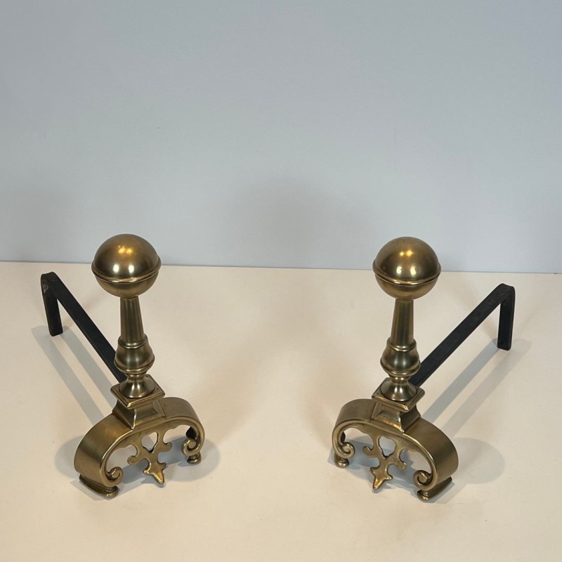 Pair of Neoclassical Brass Andirons with Ball Finials and Ornate Scroll Bases, French circa 1900