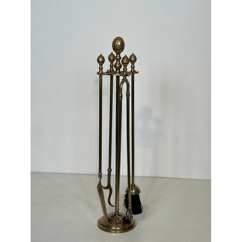 Neoclassical Brass Fireplace Companion Set with Pine Cone Finials, in the Style of Maison Baguès, circa 1970
