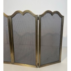 Neoclassical Brass and Wire Mesh Four-Panel Folding Fireplace Screen, Italian circa 1970