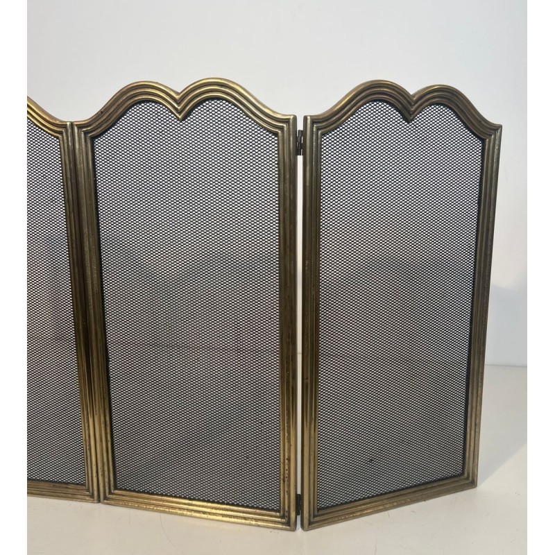Neoclassical Brass and Wire Mesh Four-Panel Folding Fireplace Screen, Italian circa 1970