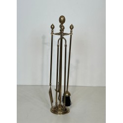Neoclassical Brass Fireplace Companion Set with Pine Cone Finials, in the Style of Maison Baguès, circa 1970