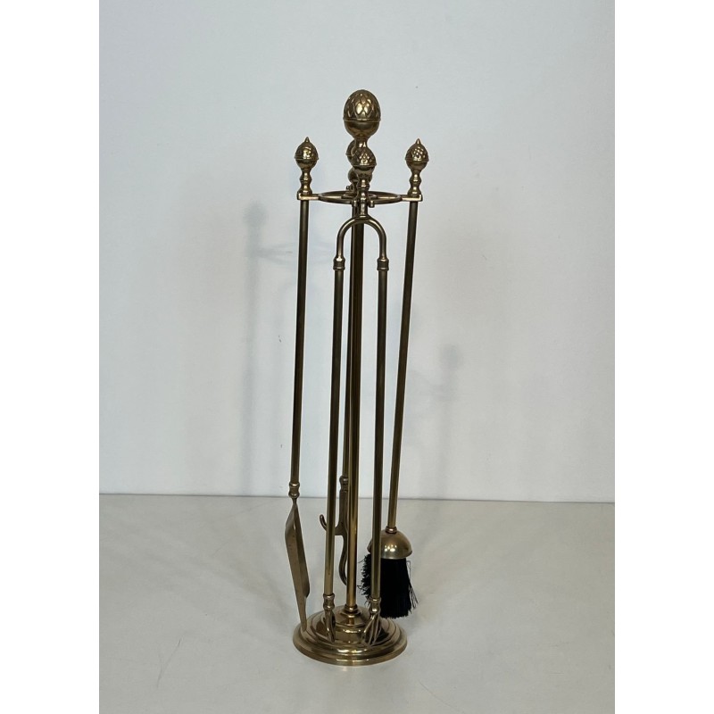 Nécessaire de Cheminée en Laiton aux Pommes de Pin, dans le Goût de la Maison Baguès, vers 1970