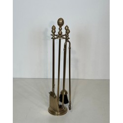 Nécessaire de Cheminée en Laiton aux Pommes de Pin, dans le Goût de la Maison Baguès, vers 1970