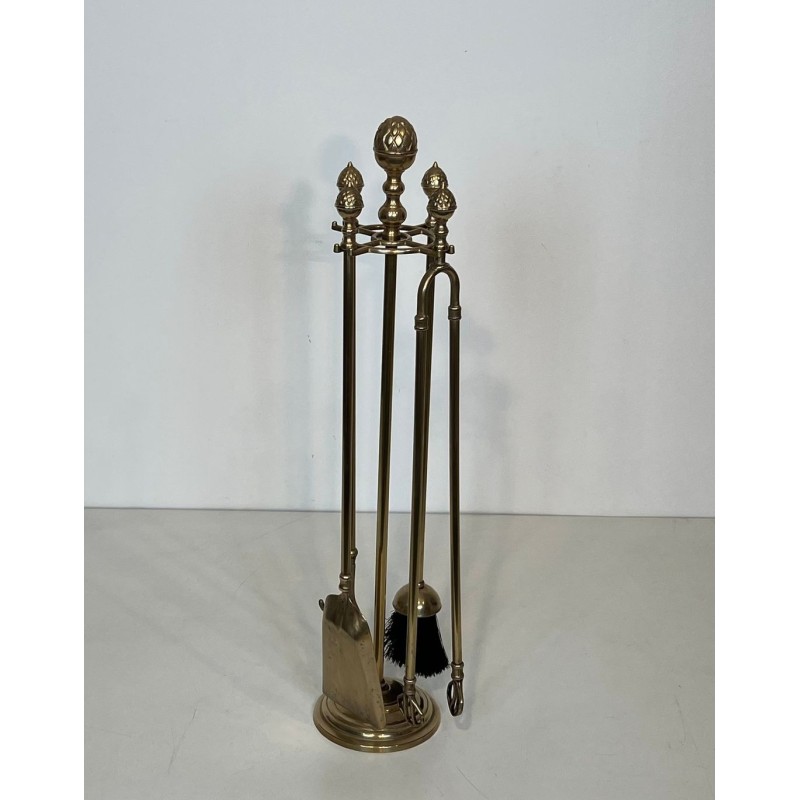 Neoclassical Brass Fireplace Companion Set with Pine Cone Finials, in the Style of Maison Baguès, circa 1970