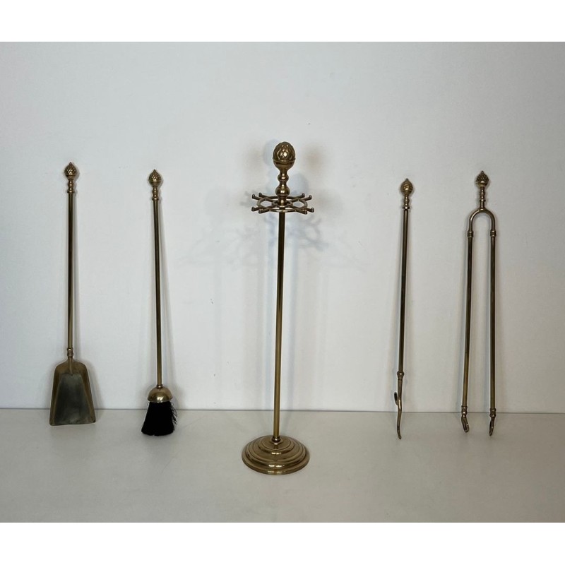 Neoclassical Brass Fireplace Companion Set with Pine Cone Finials, in the Style of Maison Baguès, circa 1970