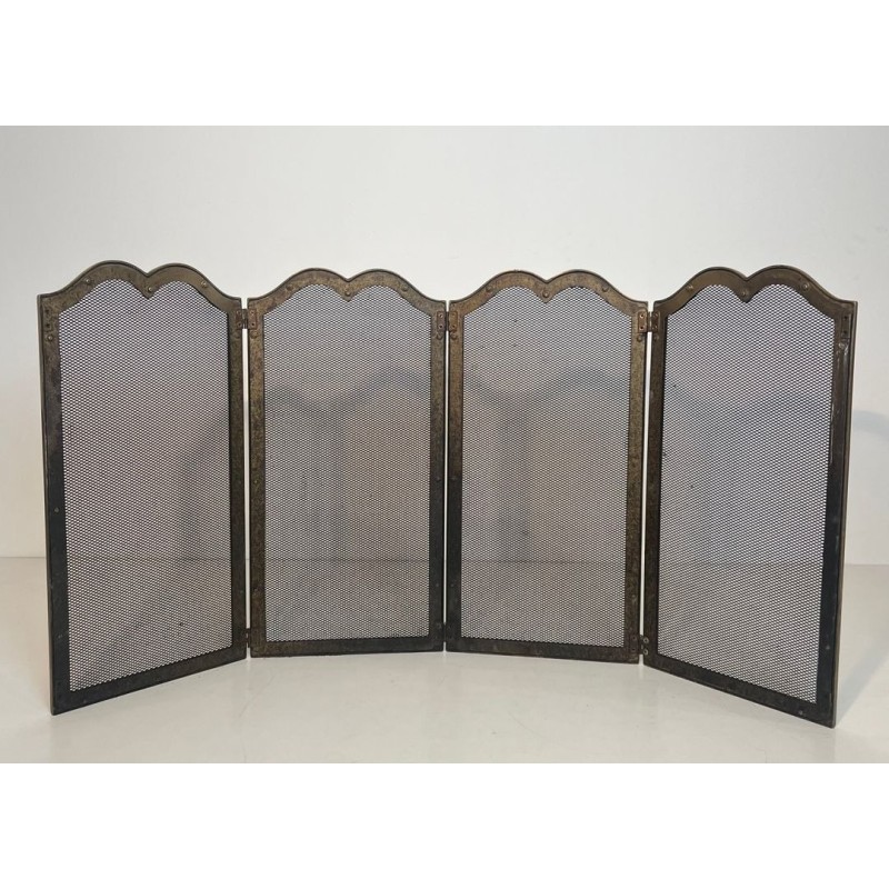 Neoclassical Brass and Wire Mesh Four-Panel Folding Fireplace Screen, Italian circa 1970